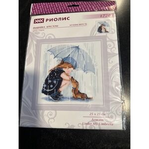 Riolis Cross Stitch Kit 1720 Under My Umbrella Girl Dog Rain Umbrella Design